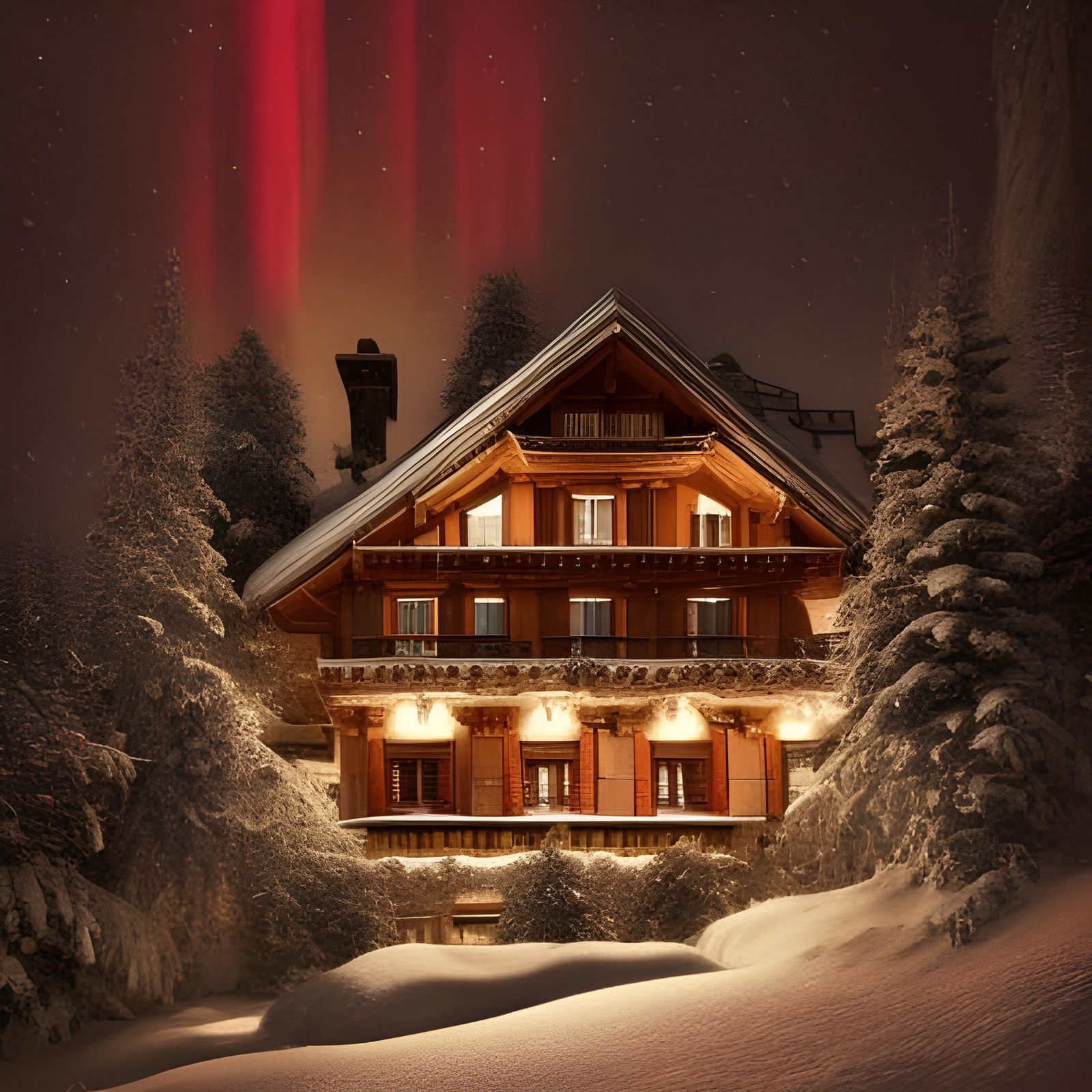 Snowy Swiss Chalet Under Aurora Borealis