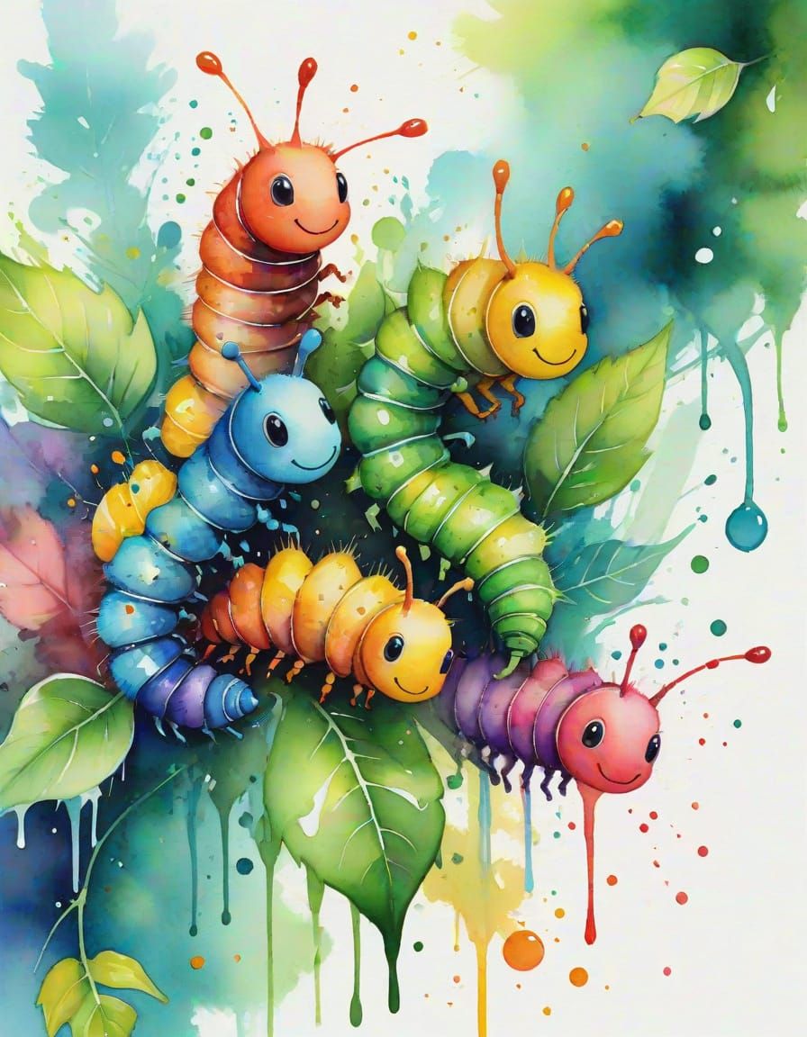 Happy Caterpillars Eating Leaves as Watercolor Art