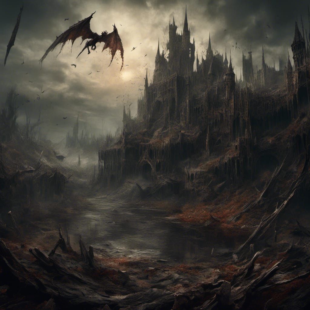 Dark Fantasy Castle Landscape with Dragon
