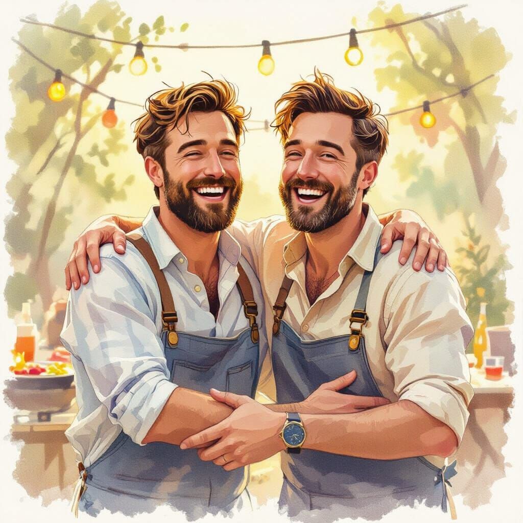 Men Embracing at Barbecue in Beatrix Potter Style