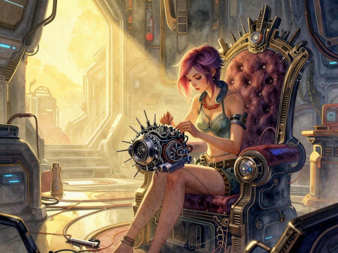 Fairy Repairs Engine in Cyberpunk Throne Room Watercolor