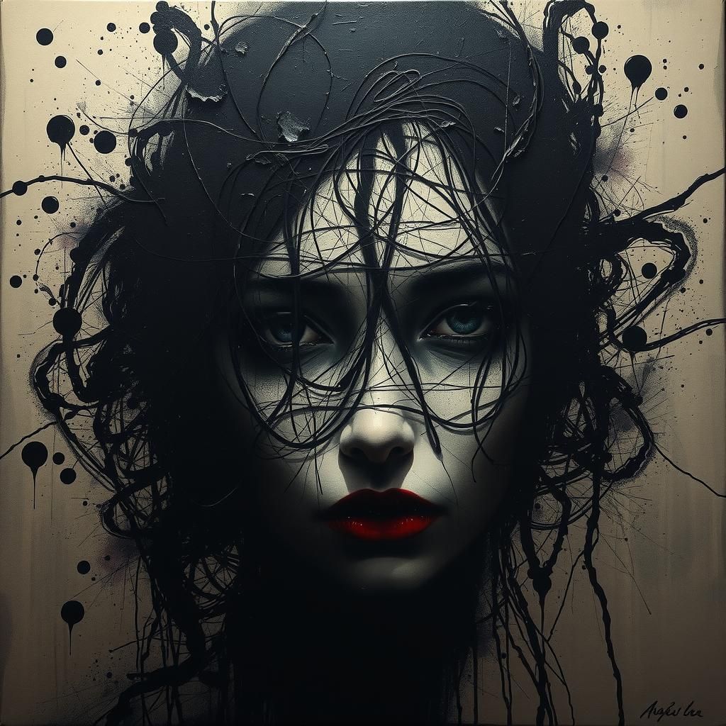 Enigmatic Figure in Ink Splashes, Surreal Portrait