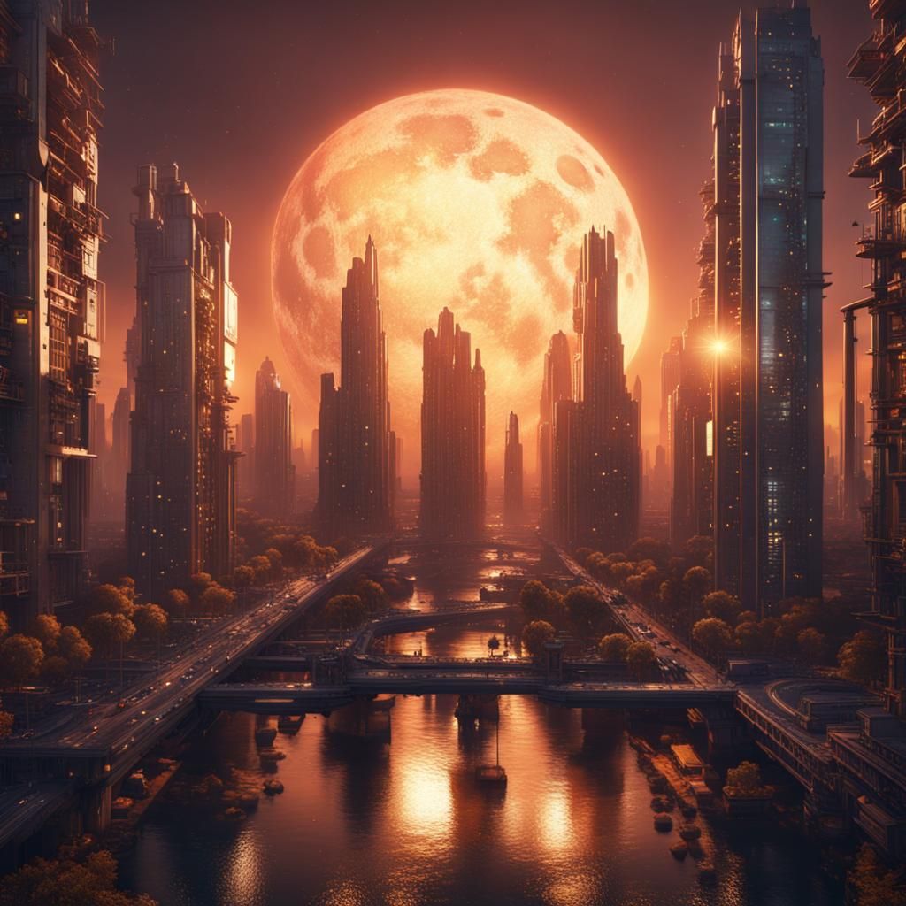 Electronic PCB City with Double Sun and Triple Moon