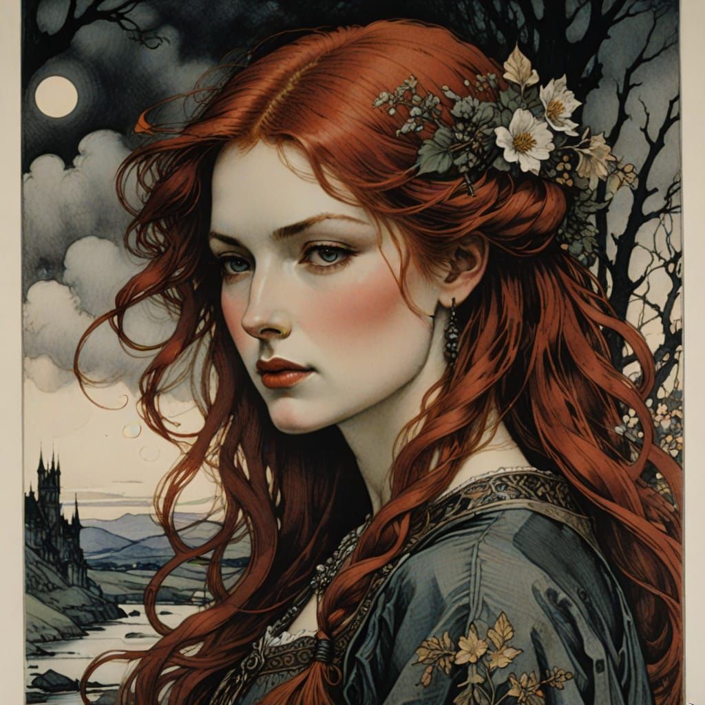 Red-Haired Beauty in Art Nouveau Lithograph Style