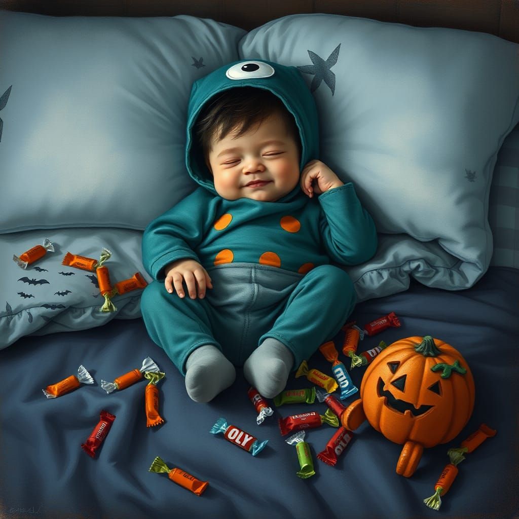 Child Asleep in Halloween Candy, Eric Carle Style