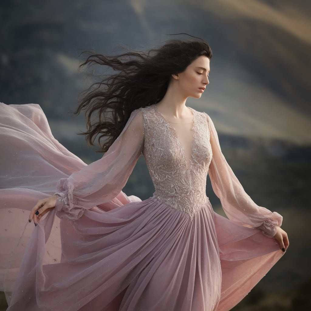 Ethereal Woman with Flowing Hair in Diaphanous Dress