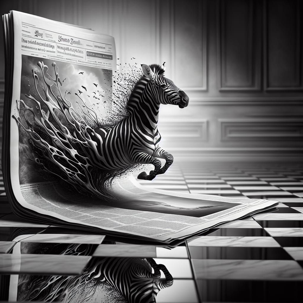 Magical Realism Scene: Zebra Emerges from Newspaper