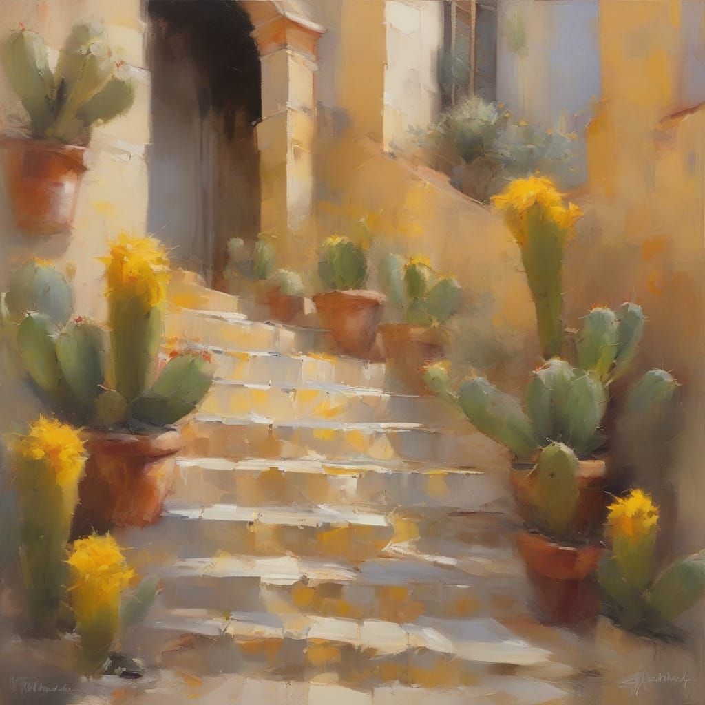 Vibrant Stone Staircase in Warm Impressionist Style