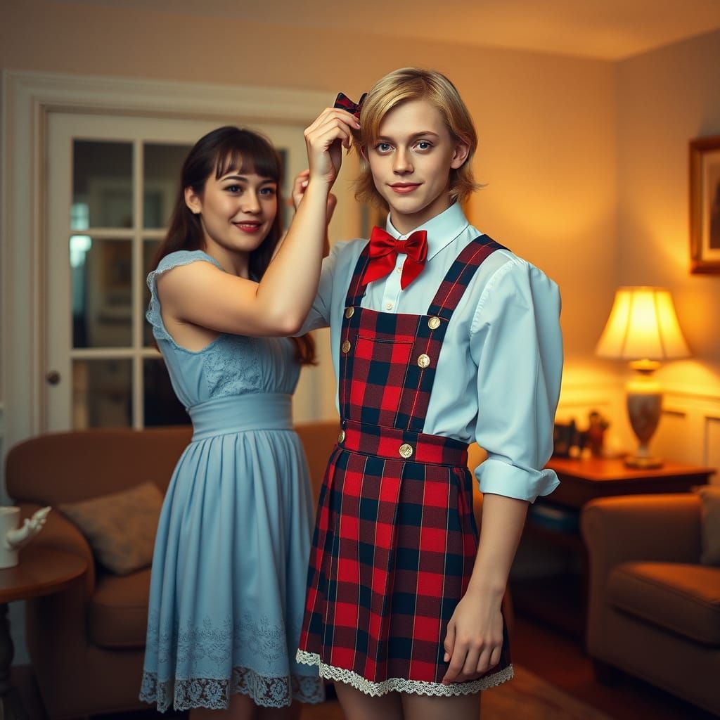 Confident Crossdressing Couple in Whimsical Living Room