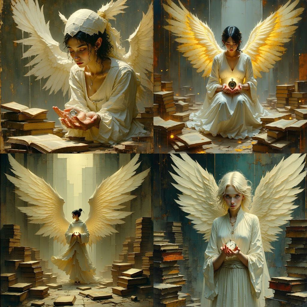 Ethereal Seraphim Holding Pocket Watch Amidst Books
