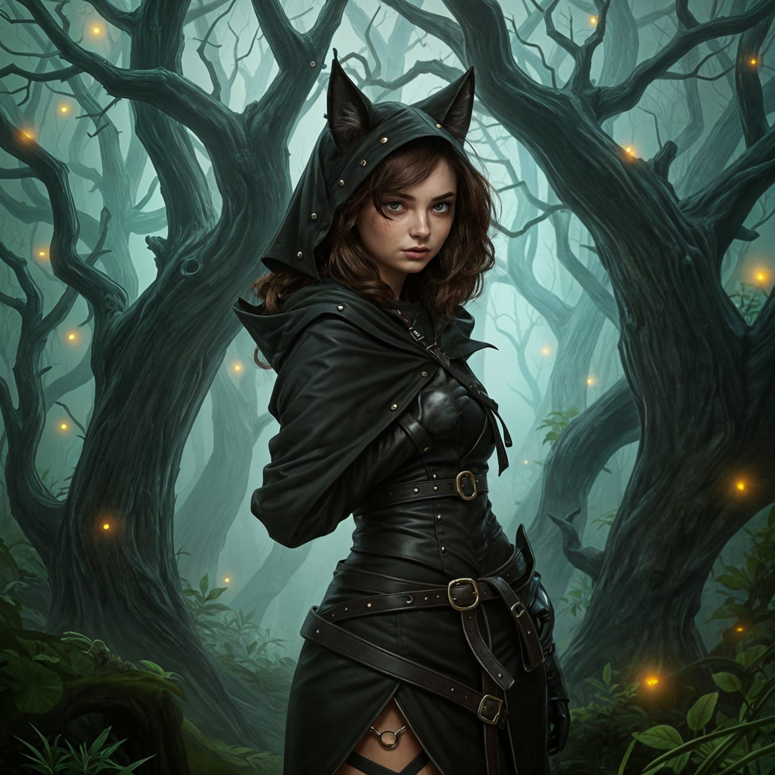 Mystical Cat Woman Walks Through Enchanted Forest
