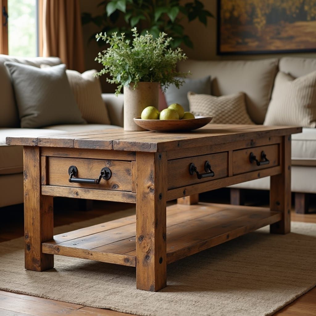 Rustic Coffee Table with Drawers in Farmhouse Style