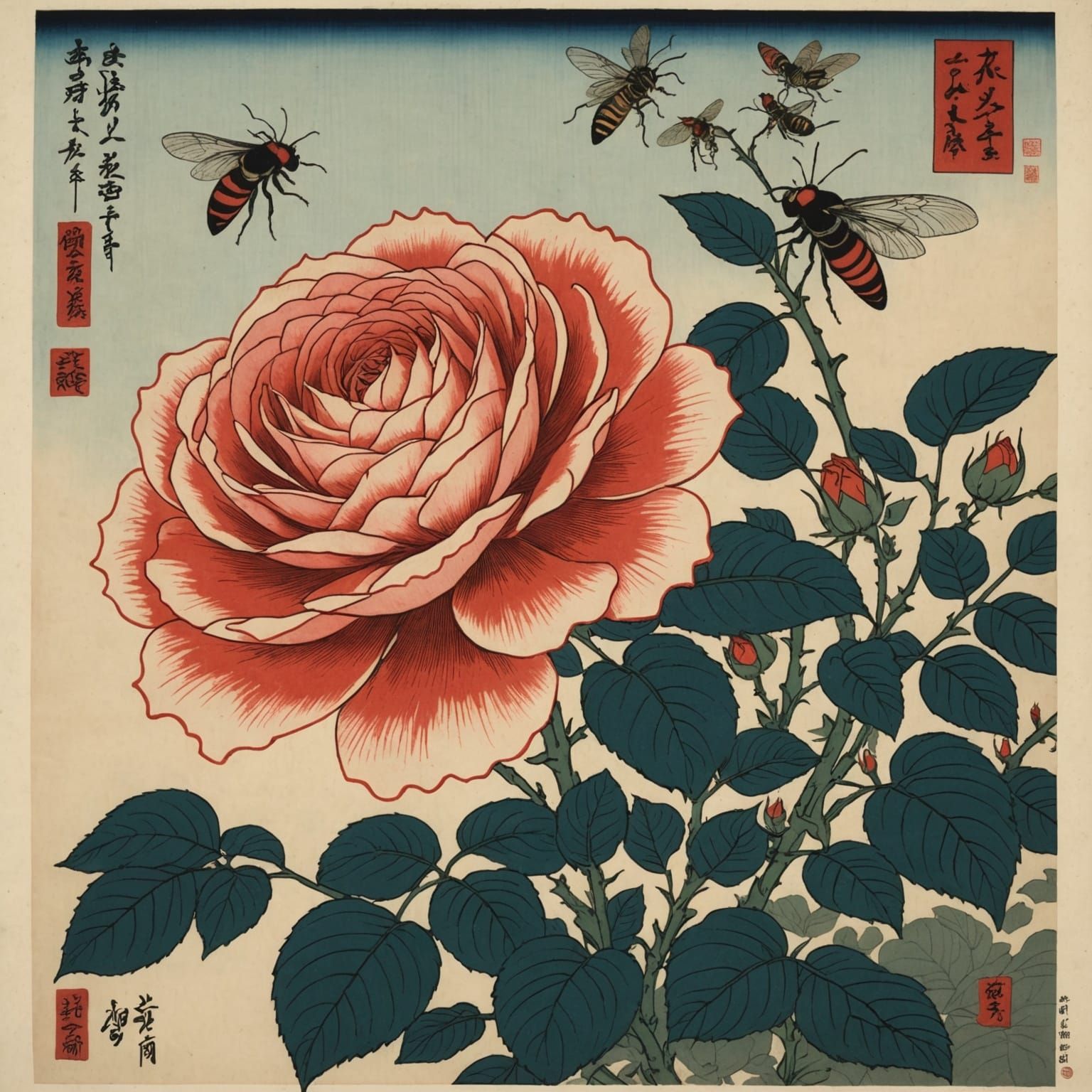 Rose with Insects: Ukiyo-e Woodblock Print