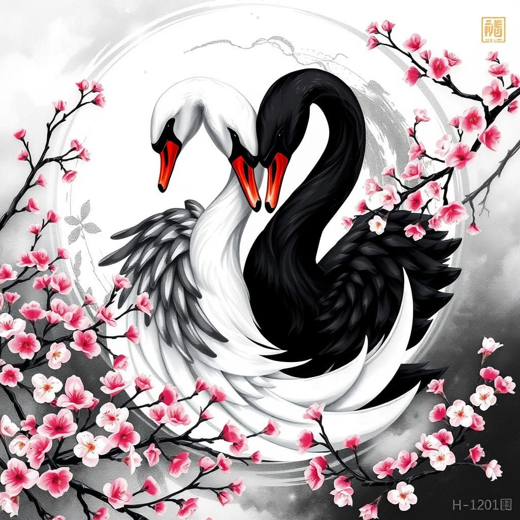 Surreal Yin Yang Swans in Harmony with Nature