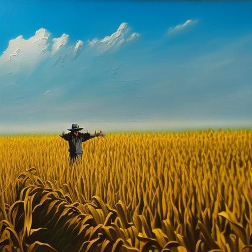 Scarecrow in Cornfield, Oil Painting Style