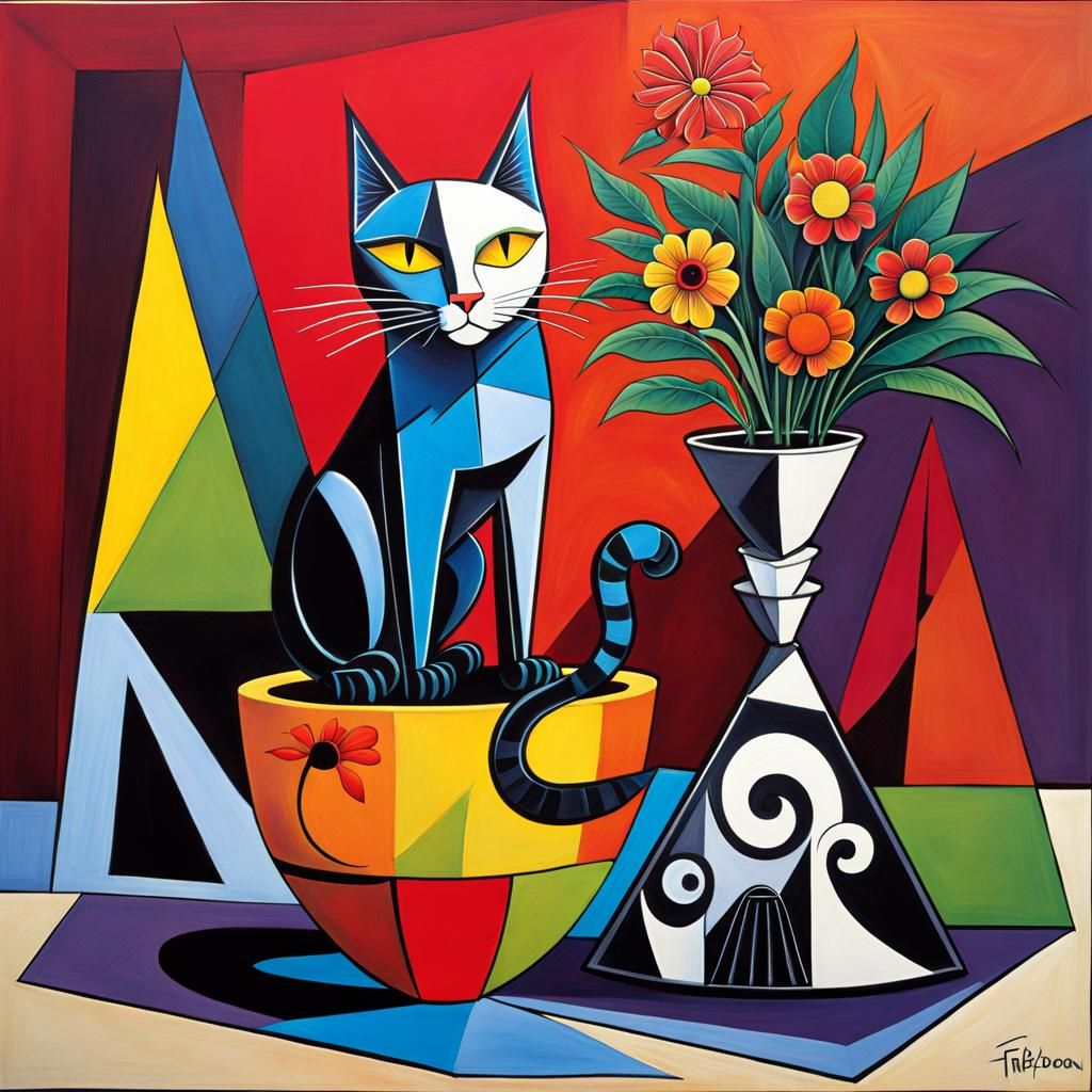 Cubist Cat in Flower Pot: Picasso Style Surrealism