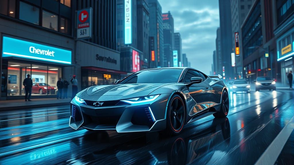 Futuristic 2025 Chevrolet Bel Air Speeds Down Rainy City Str...