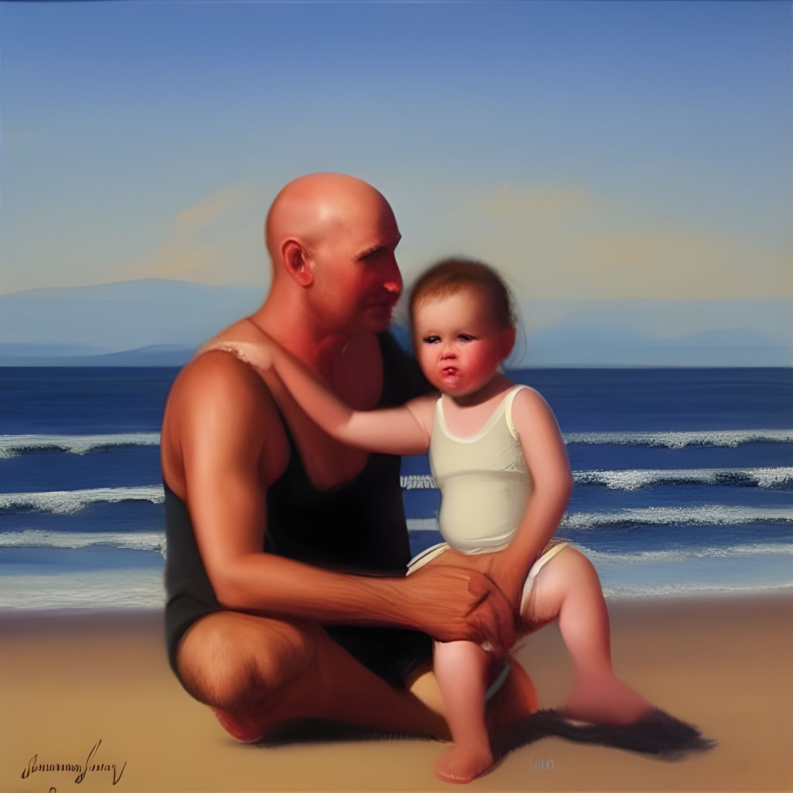 Father and Daughter on Sardinia Beach, Oil Painting
