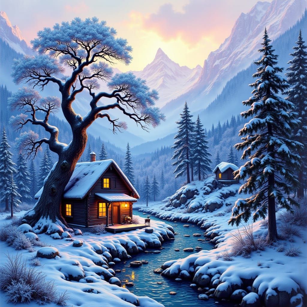 Enchanting Winter Scene on Driftwood with Cozy Cabin