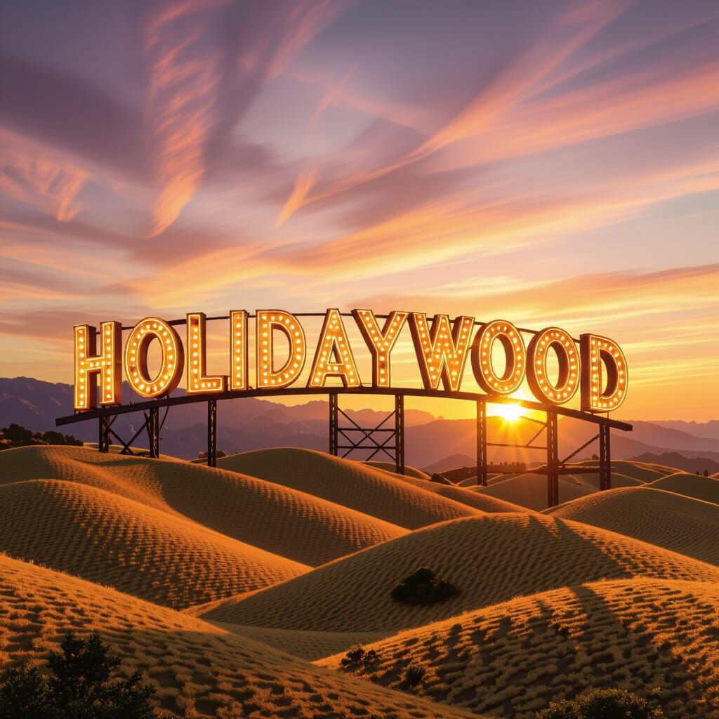HOLIDAYWOOD Sign in Golden California Hills at Sunset