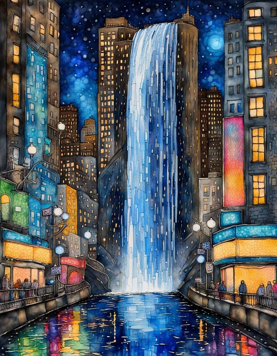 Night city waterfall