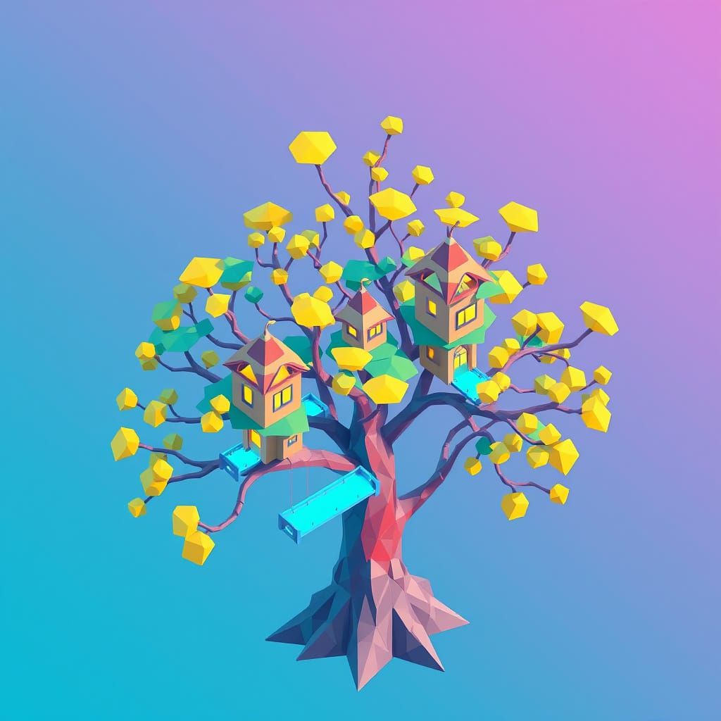Low Poly Magical Tree in Retro-Futuristic Style