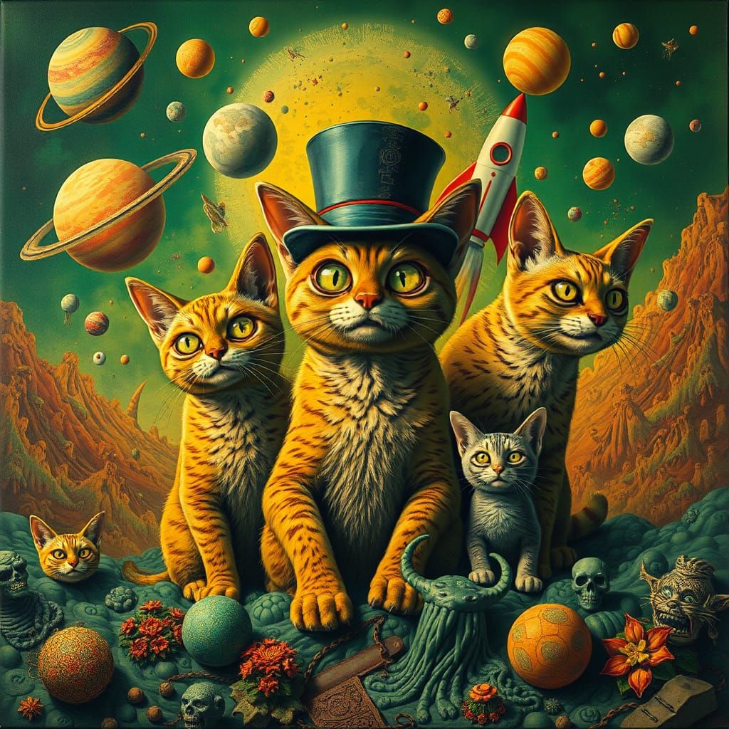 Psychedelic Cats in Surreal Sci-Fi Collage