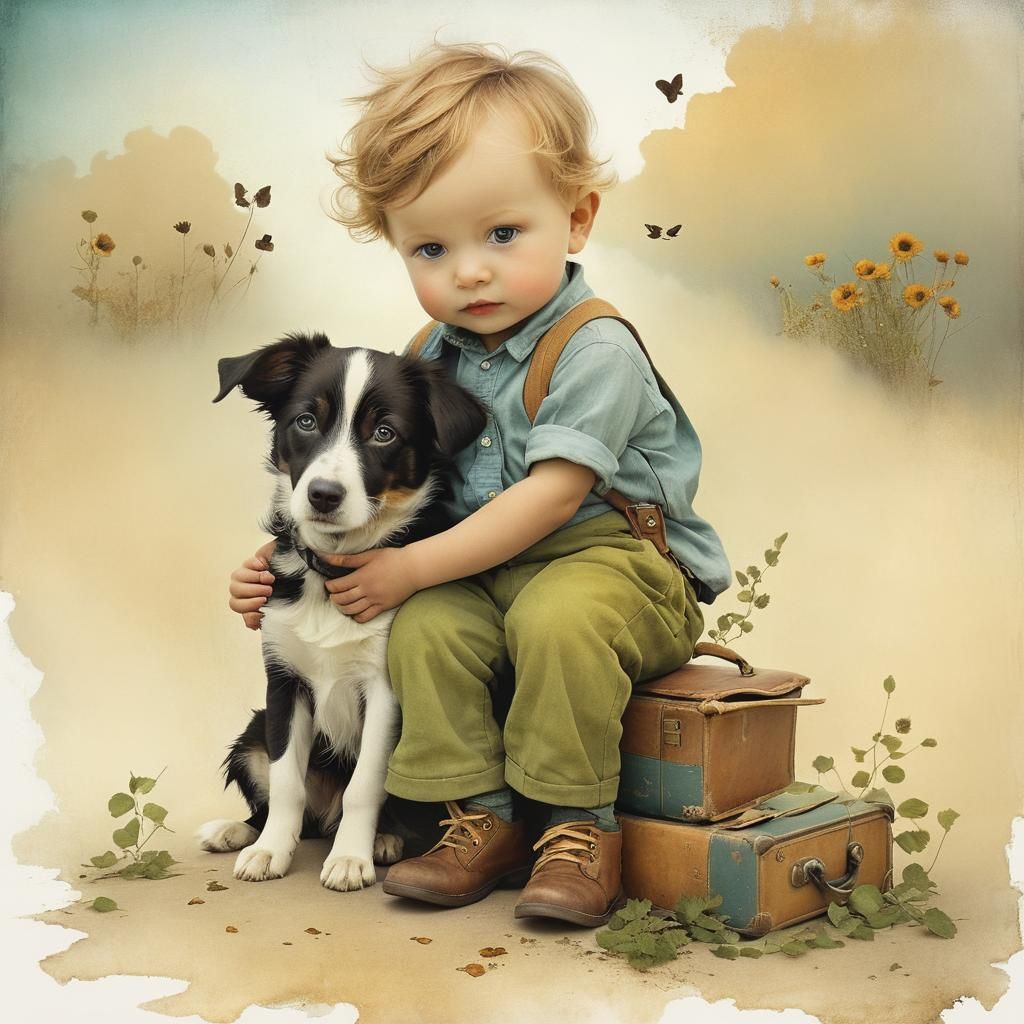 Toddler and Dog in Dreamlike Fairytale Style