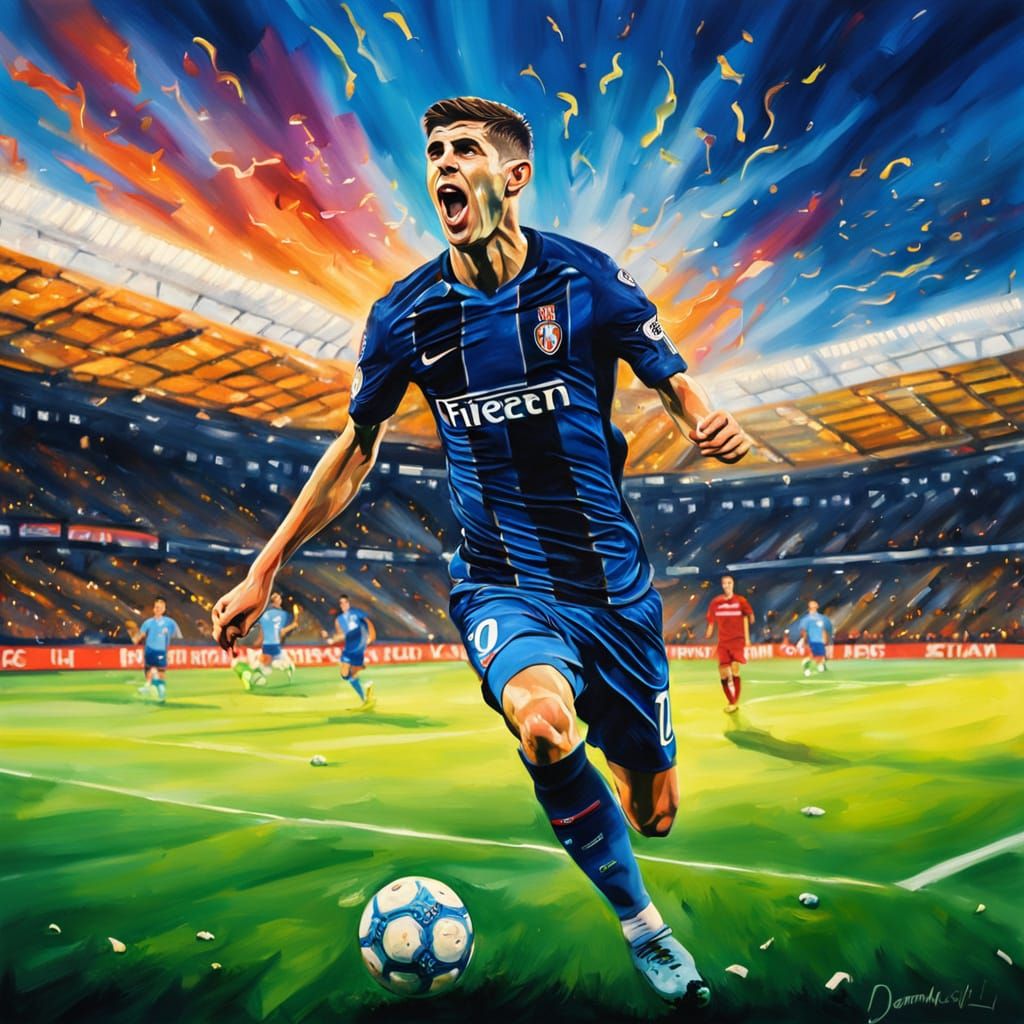 Surreal Pulisic Scores Goal in Vibrant Oil Painting
