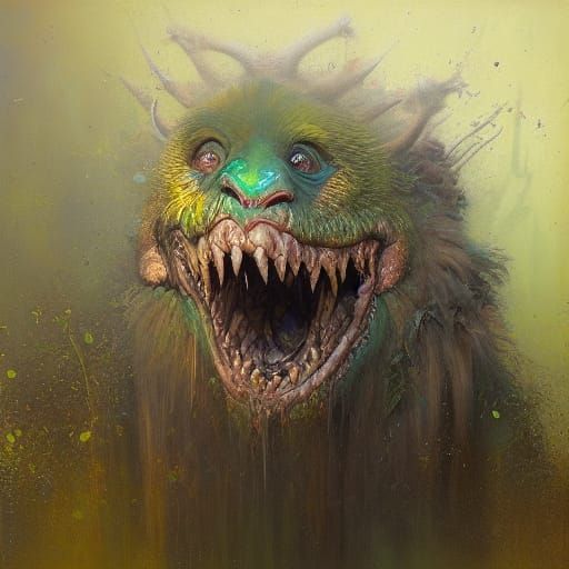 Surreal Creature with Yellow Eyes, Oil Painting