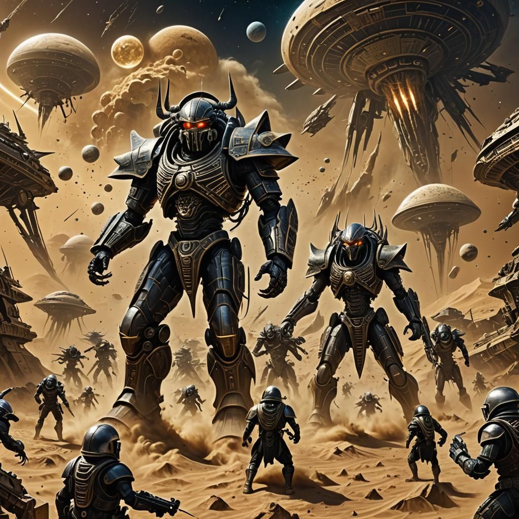 Pharaohs in Sci-Fi Battle Armor Confront Alien Fleet