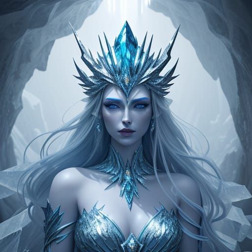 Fantastical Ice Queen in Glacial Cavern 3D Render