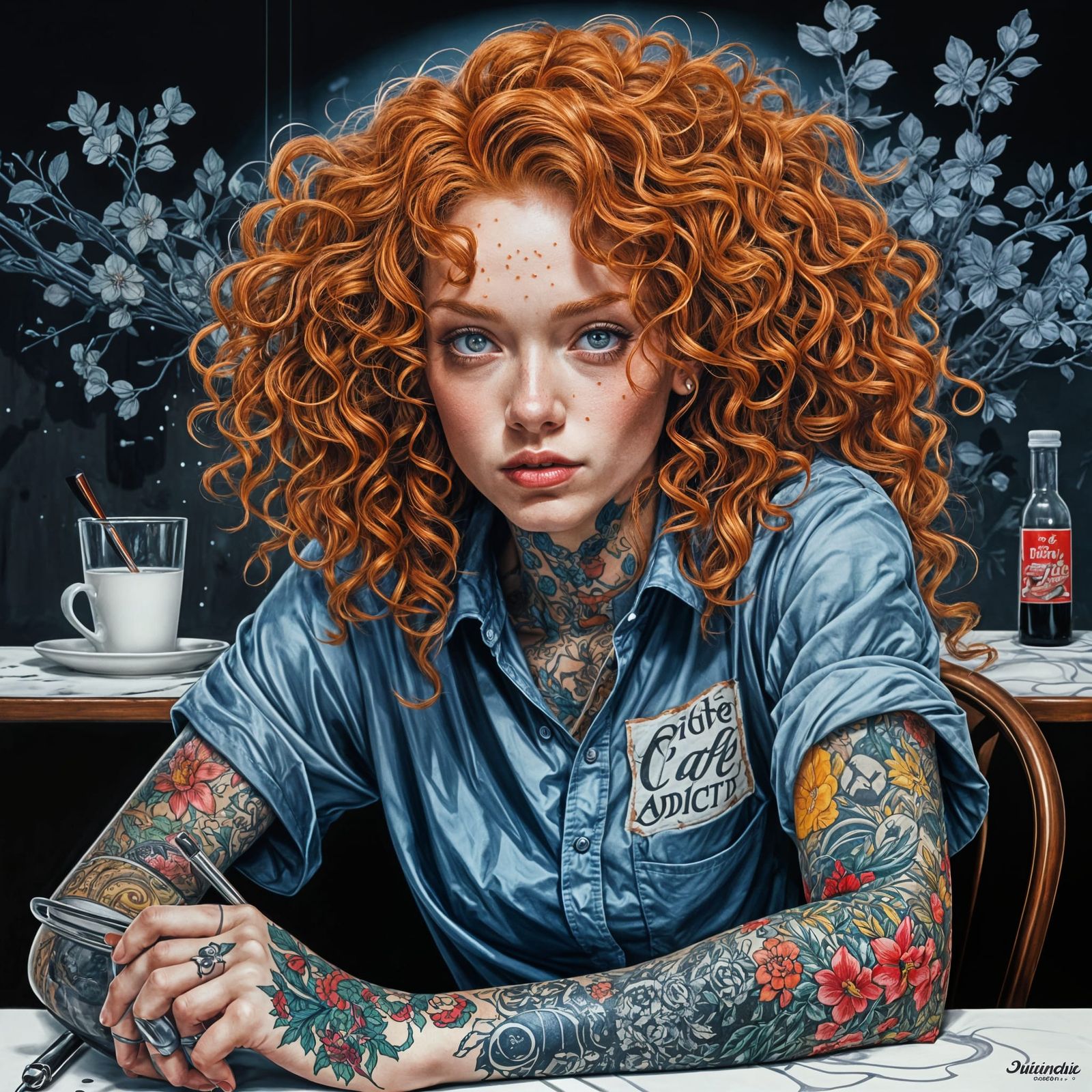Ginger Woman in Night Cafe: Digital Ink Painting