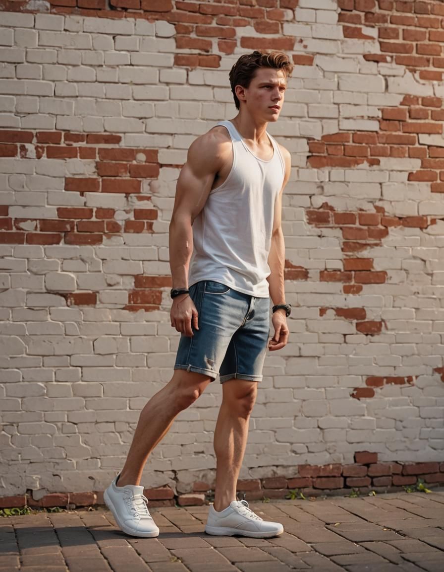 Muscular Man in Denim Shorts Leaning on Brick Wall