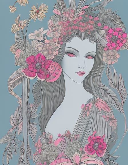 Ethereal Woman in Silk and Flowers: Line Art