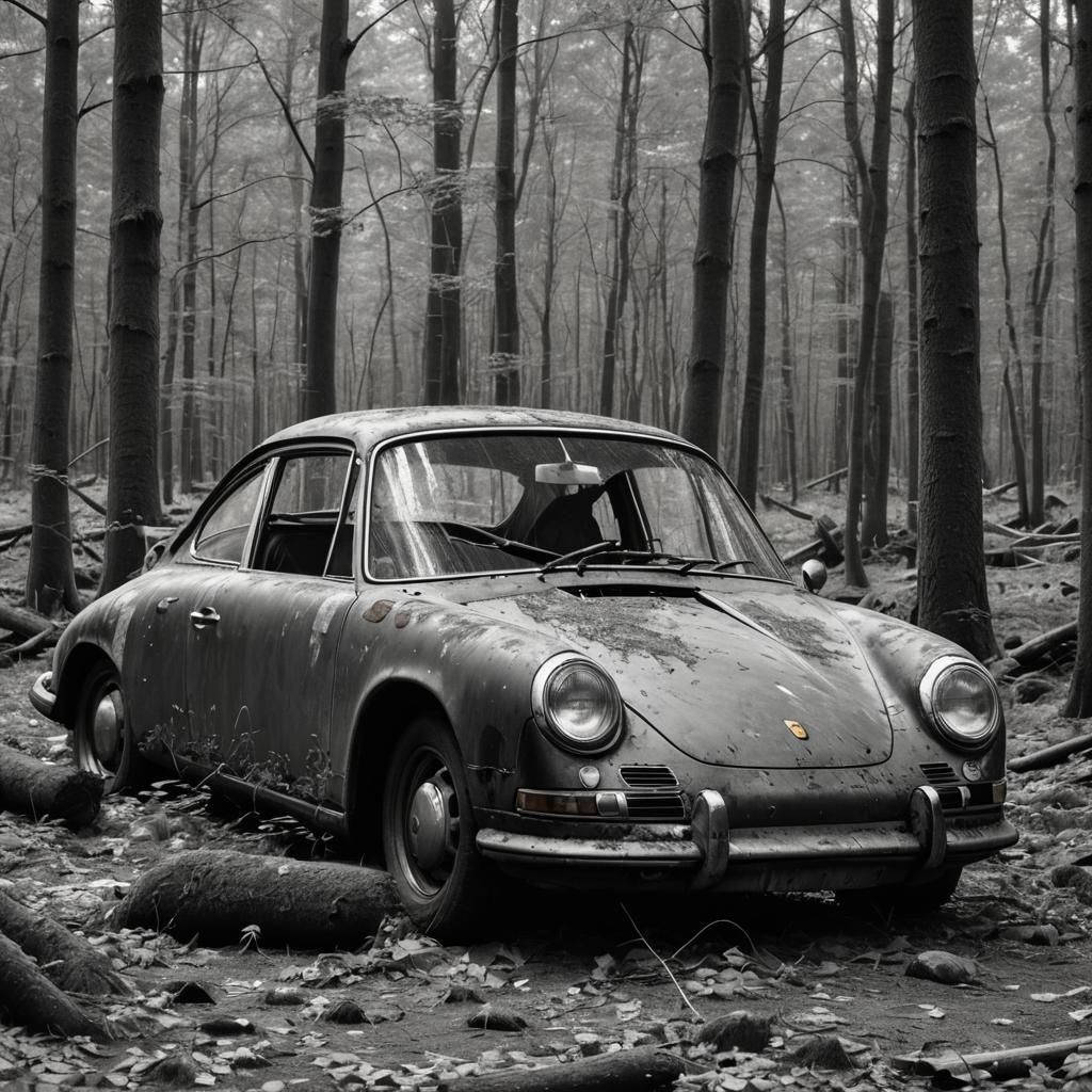 Abandoned 1960s Porsche in Forest: Hyperrealistic Photo