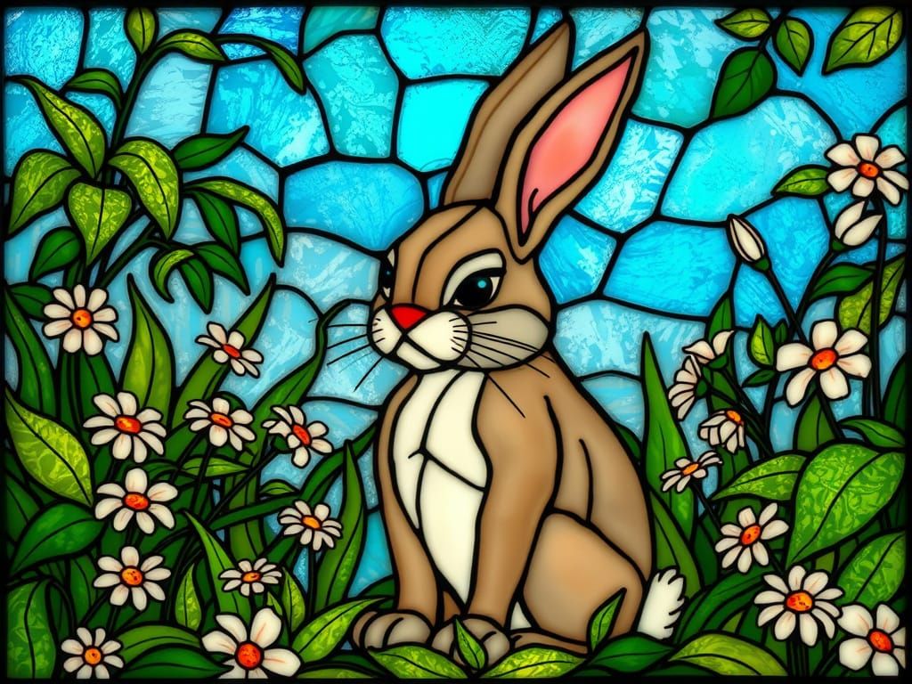 Stained Glass Grumpy Bunny in Art Nouveau Style