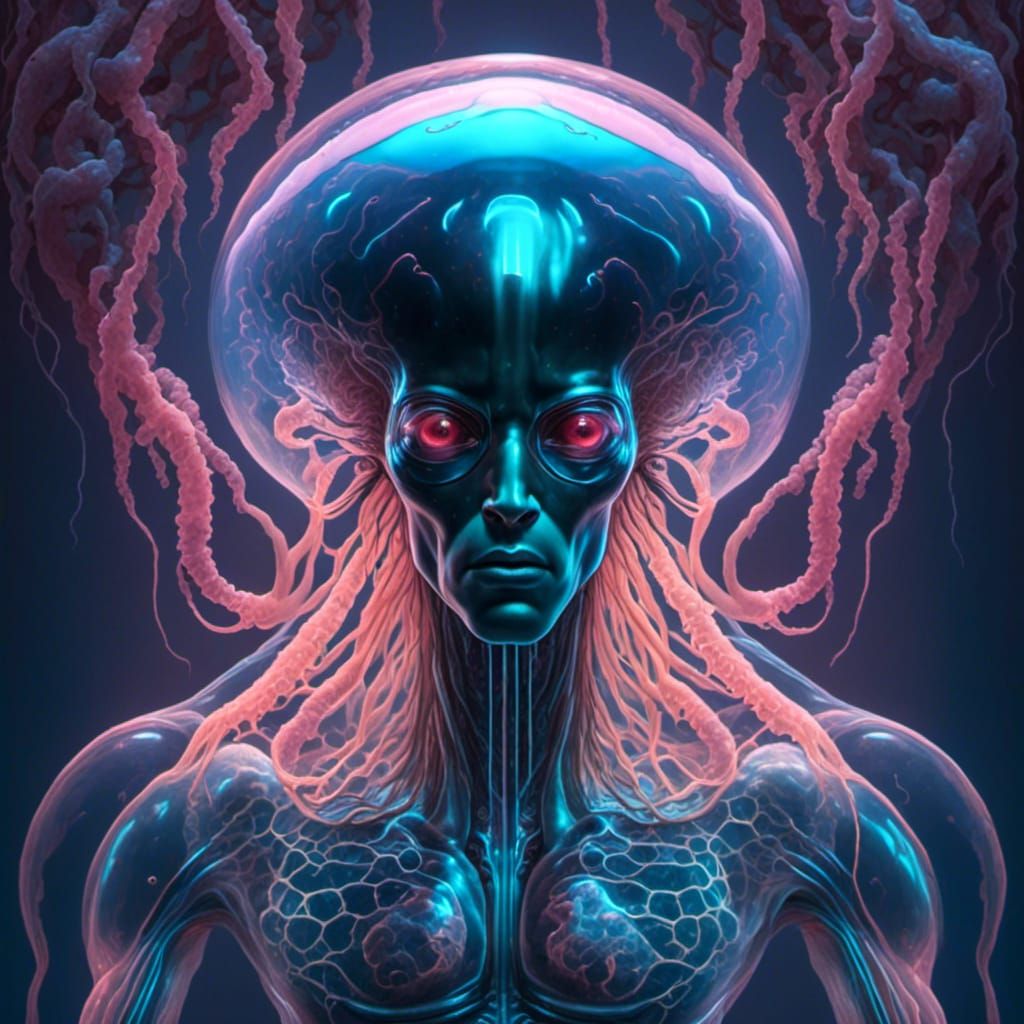Subtle, delicate, minimalistic, bioluminescent, alien being, emerging from l <lora:Jellyfish Alien:1.0> anded spaceship