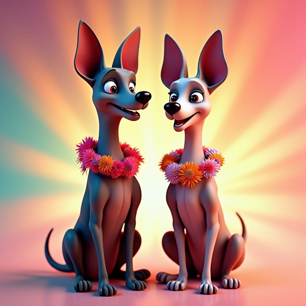 Hairless Dogs in Pixar Style with Flower Necklaces