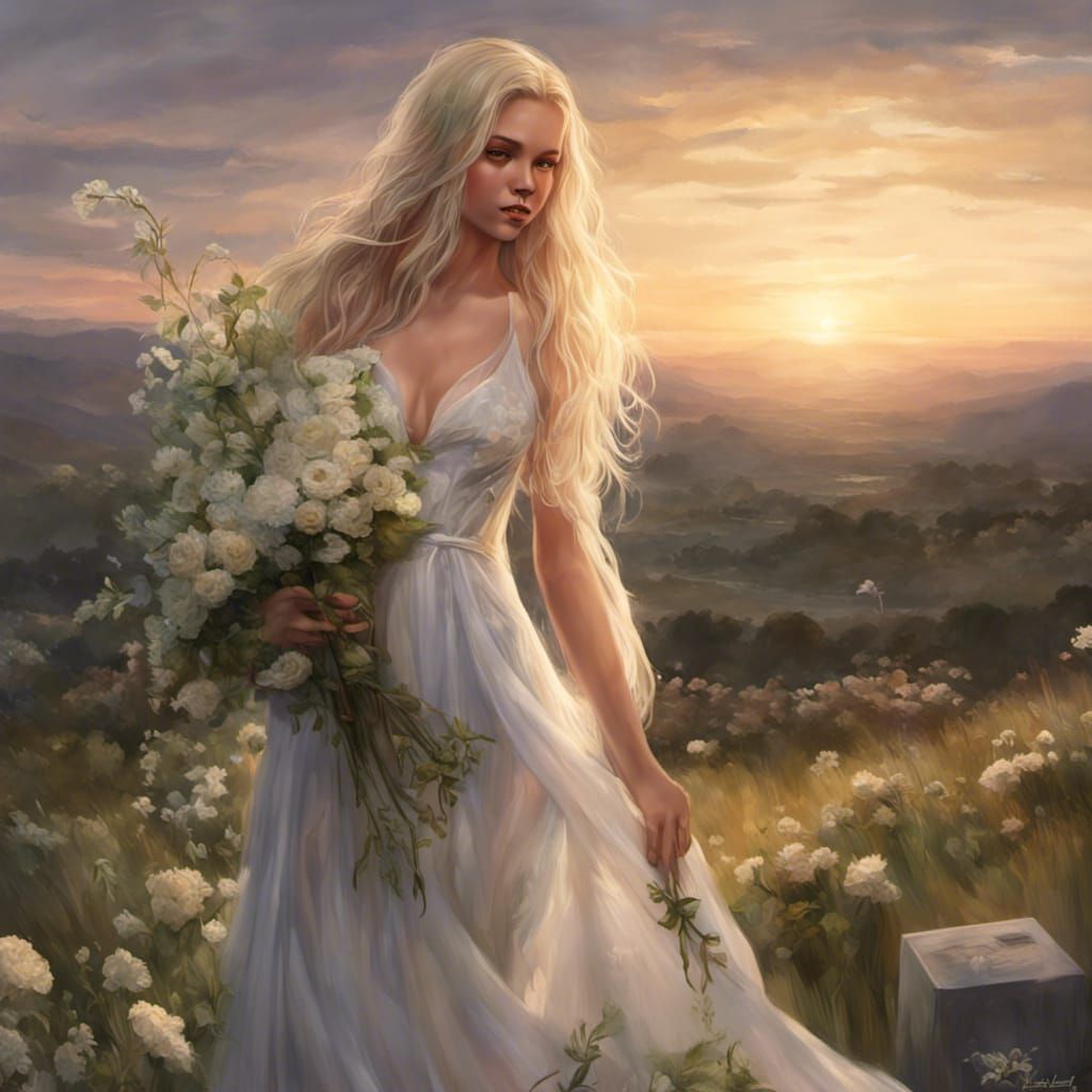 Mourning Woman at Graveside: Photorealistic Fantasy Art