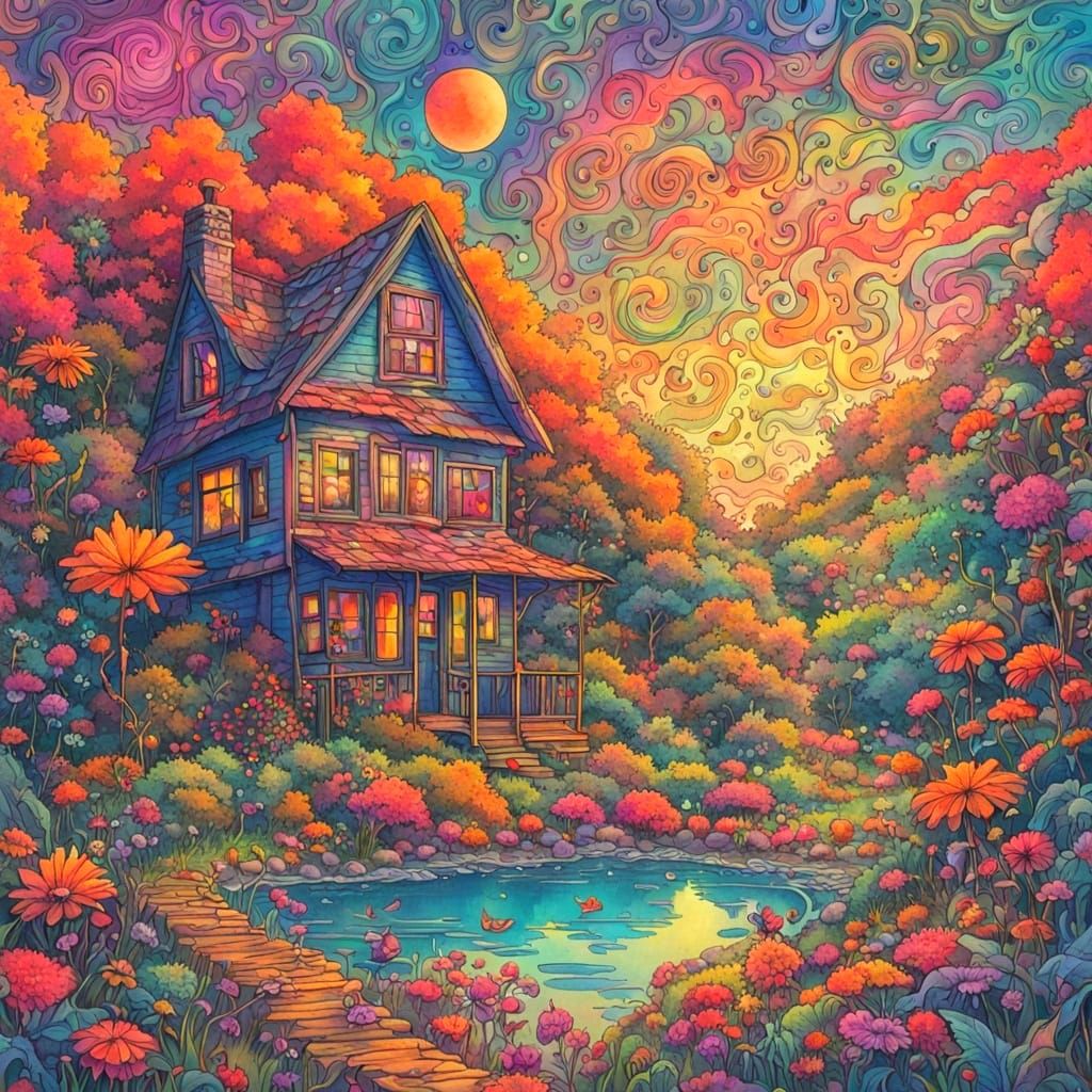 Vibrant Psychedelic Dreamscape in Whimsical Cottagecore