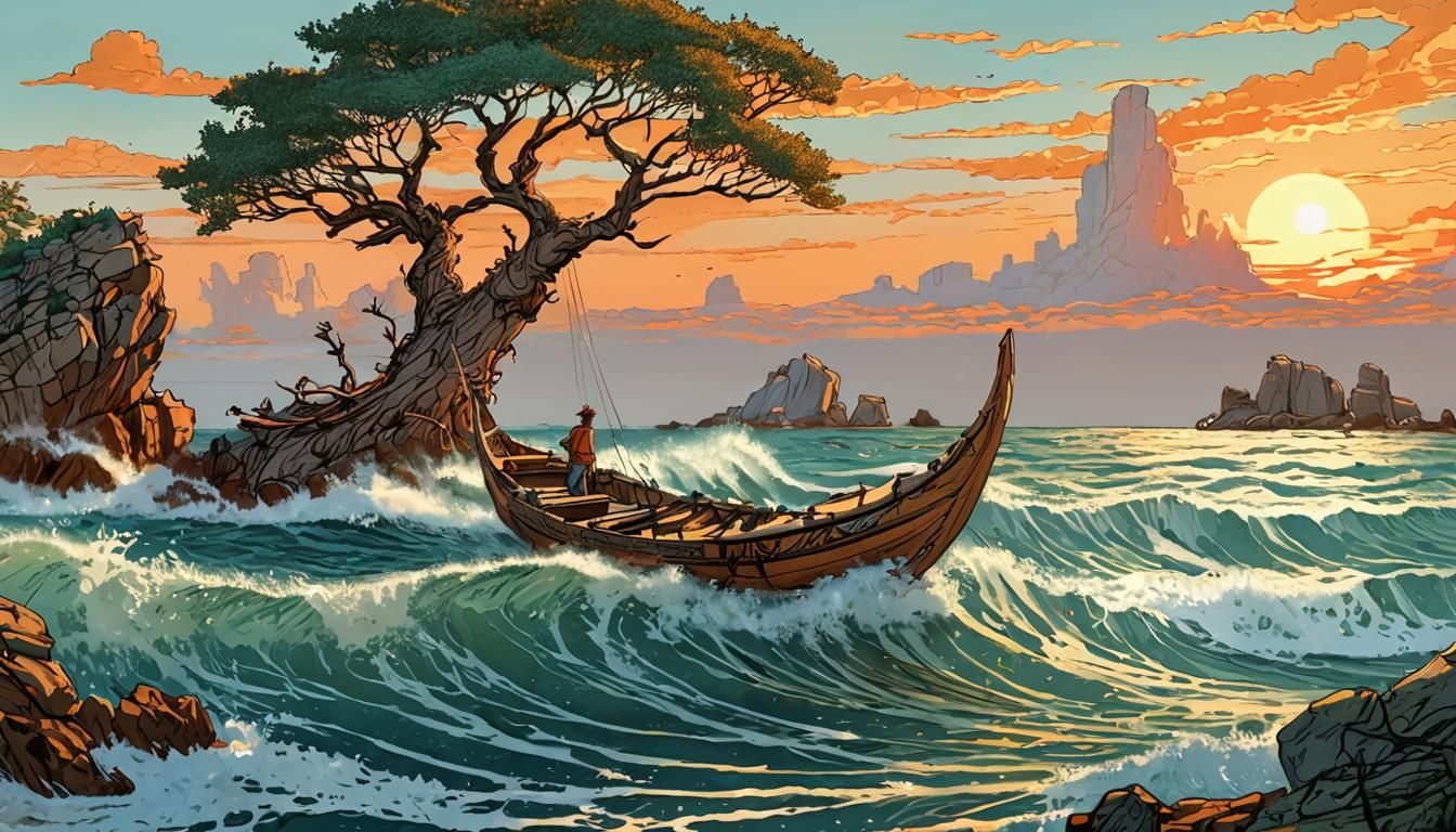 Bireme at Sea in Moebius Style Line Art