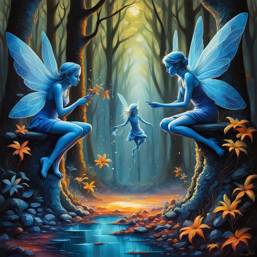 Blue Fairies Meeting in Mystical Forest: Graffiti Art