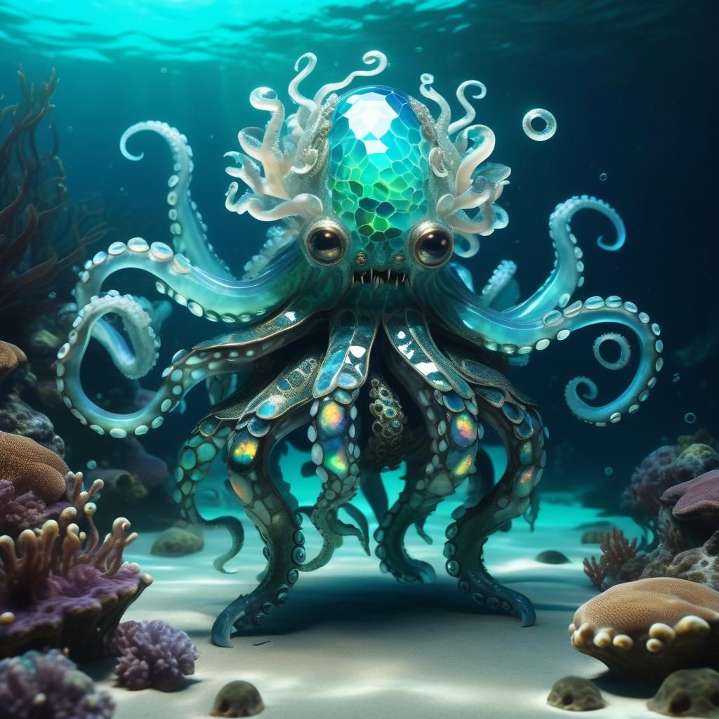 Cute Monster in Opal Dress on Ocean Floor