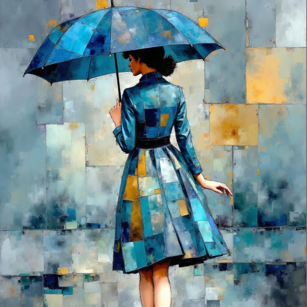 Woman With Blue Umbrella in Palette Knife Style