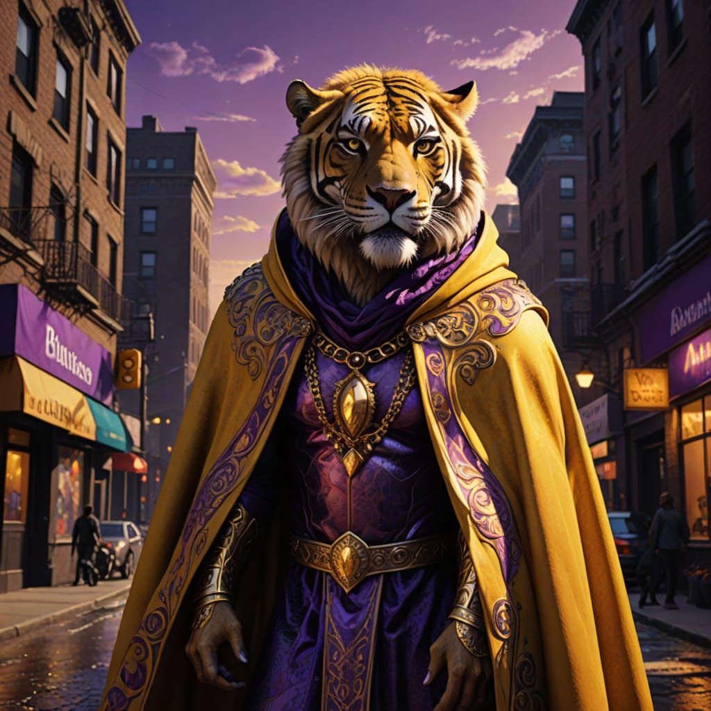Majestic Sabre Tooth King in Vibrant Harlem Cityscape, Digit...