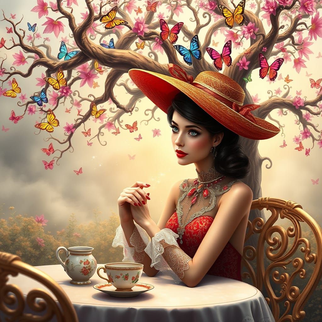Ethereal Ladybug Woman at Whimsical Café