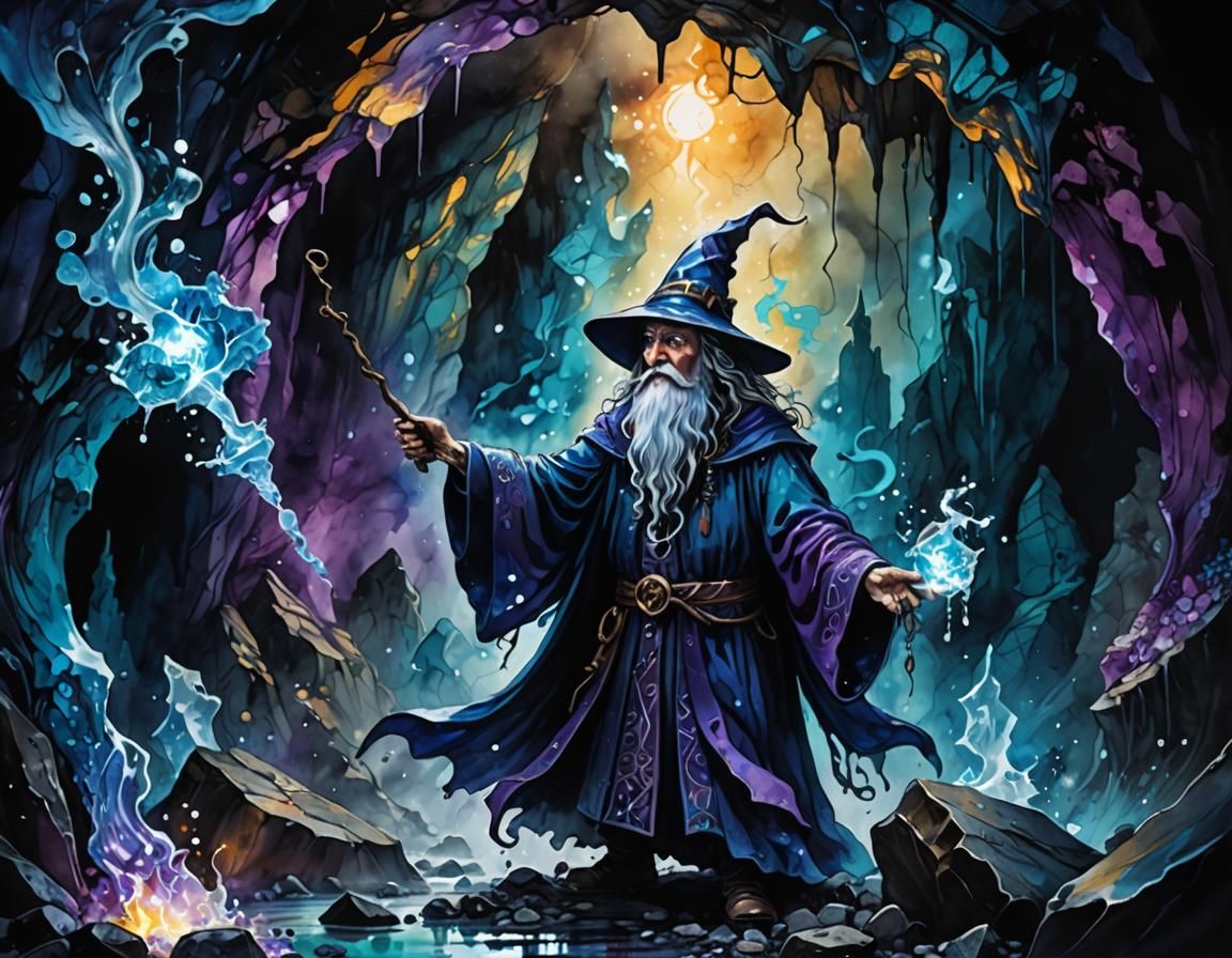Wizard Casting Ice Spell in Alcohol Ink Style