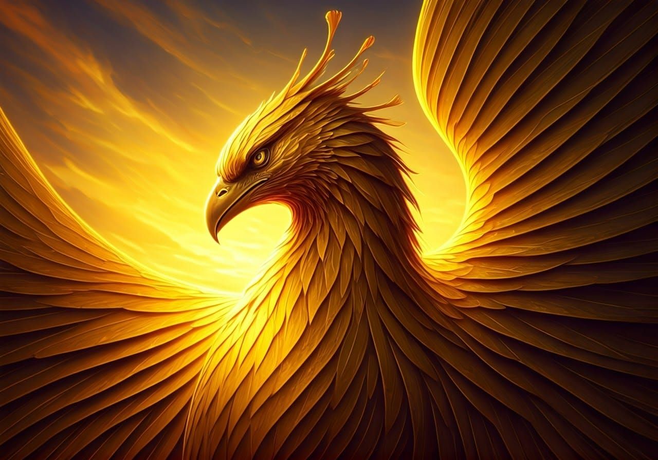 Majestic Golden Phoenix in Sunset Sky