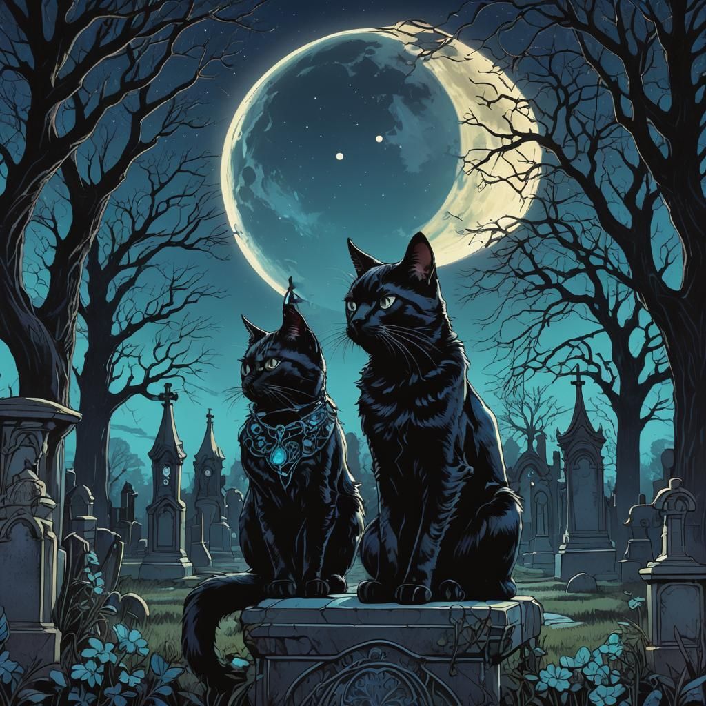 Art Nouveau Gothic Cat in Synthwave Cemetery